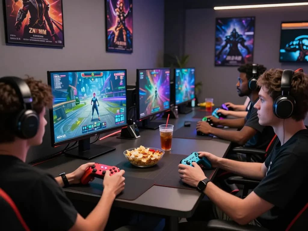 Players enjoying immersive mind control porn games in a vibrant gaming room.
