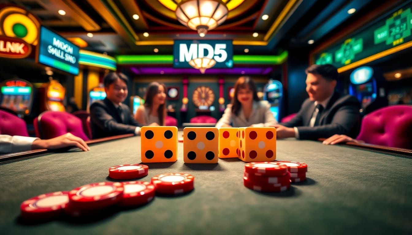 Experience the excitement of Tài Xỉu MD5 with vibrant tables and enthusiastic players enjoying their bets.