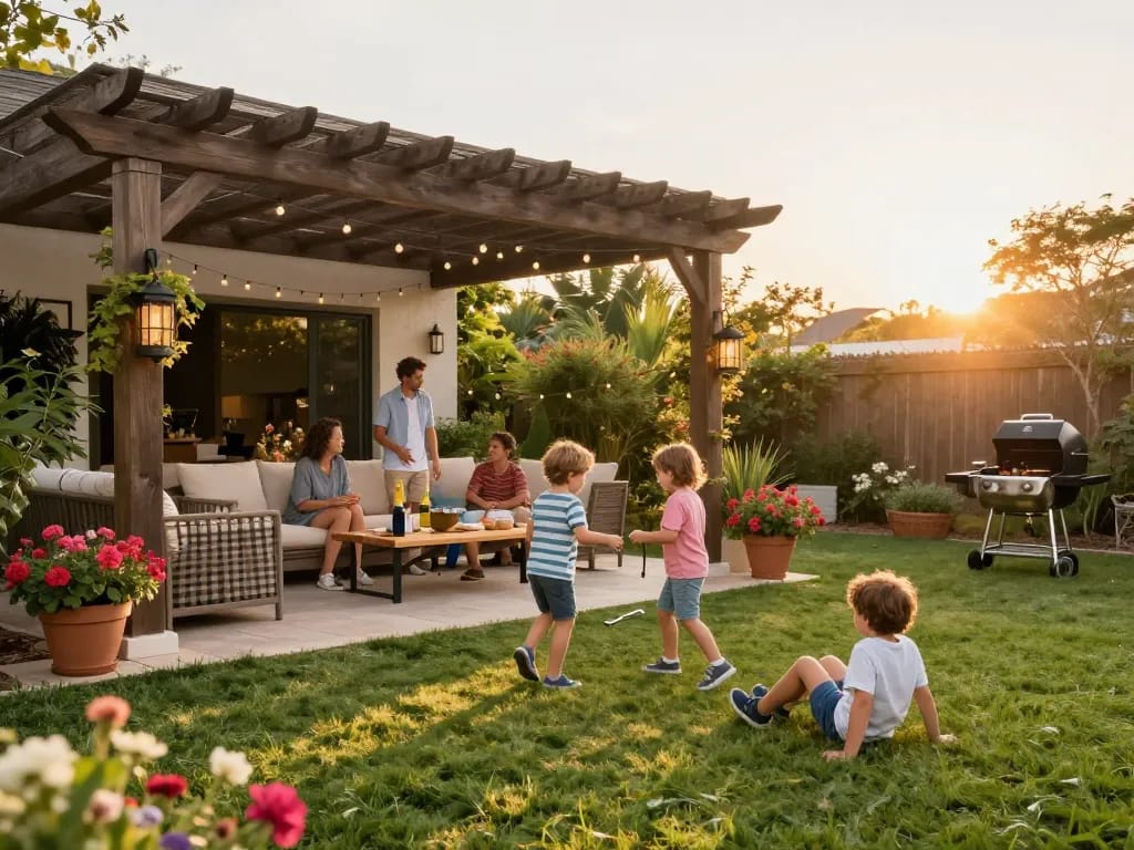 Configuratore pergole con preventivo - incontro familiare sotto una pergola progettata con cura, con fiori vivaci e posti a sedere accoglienti.