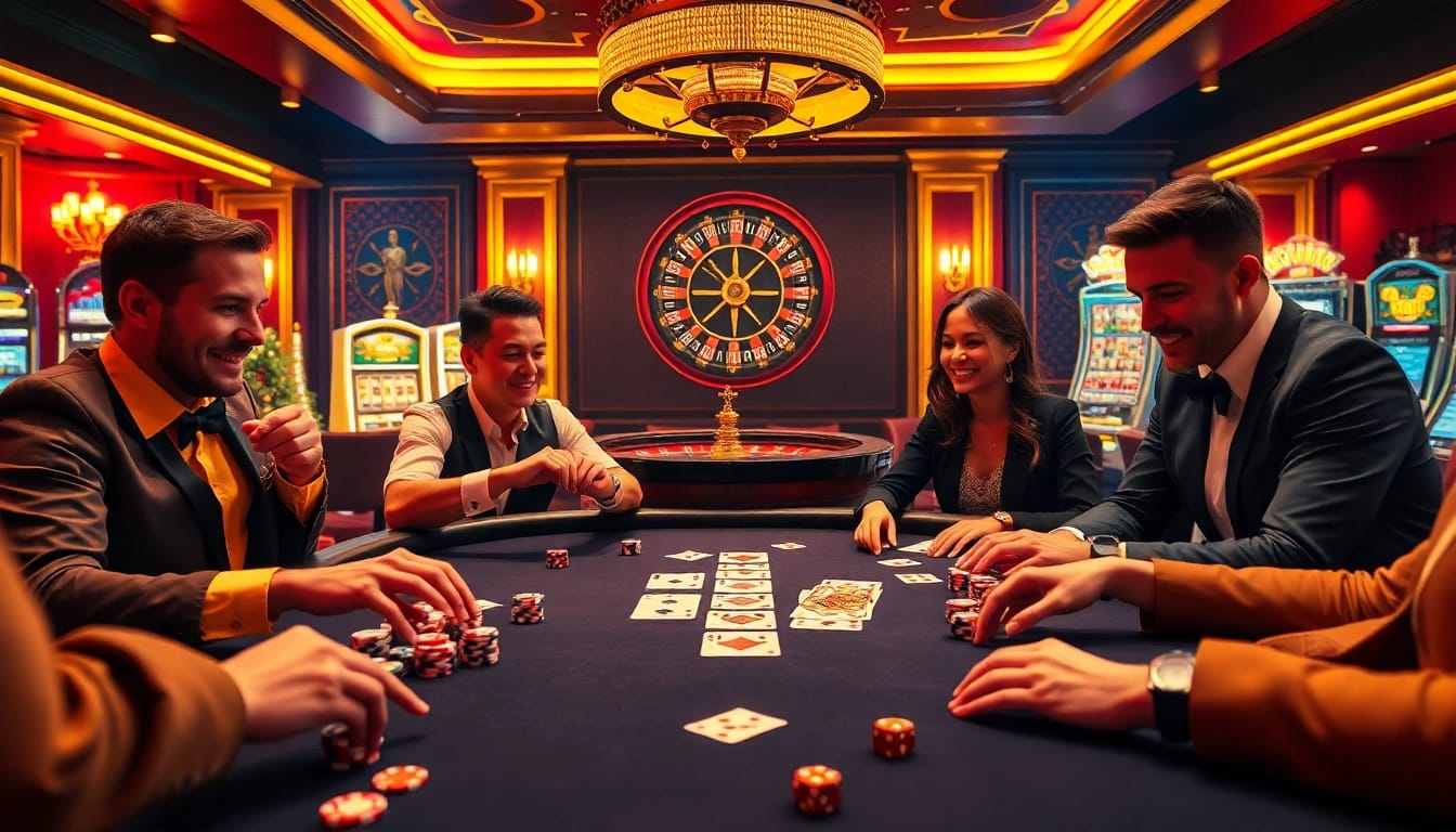Players enjoy an exciting game at the Go8-themed casino table, surrounded by vibrant poker chips and cards.