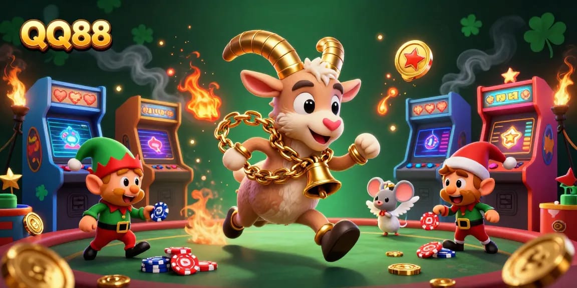 Engage with thrilling QQ88 casino games in a busy, animated festive atmosphere.