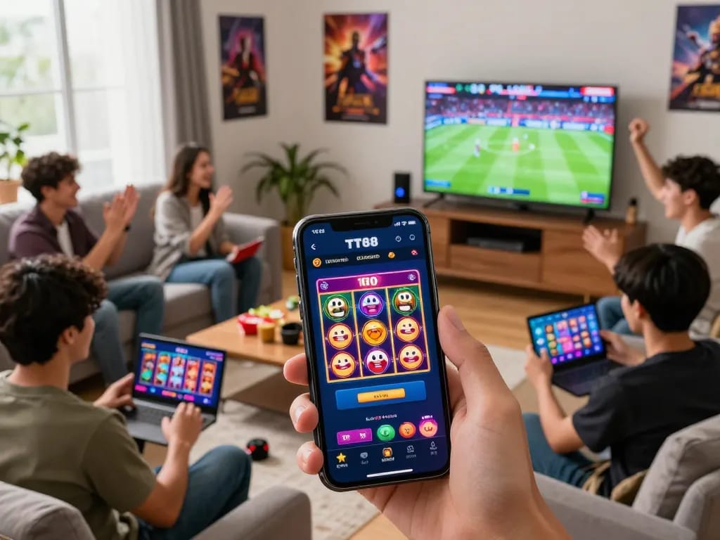 Engaged players enjoying TT88 online gaming in a lively living room.