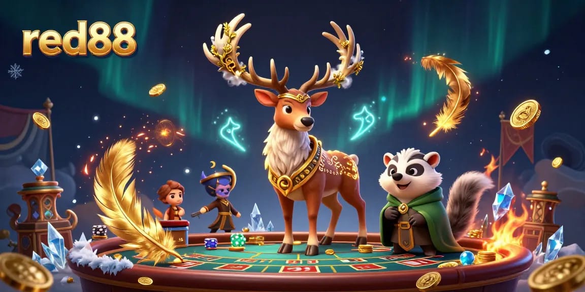 Witness thrilling gameplay at red88 with a druid stag and badger in a dynamic casino scene.