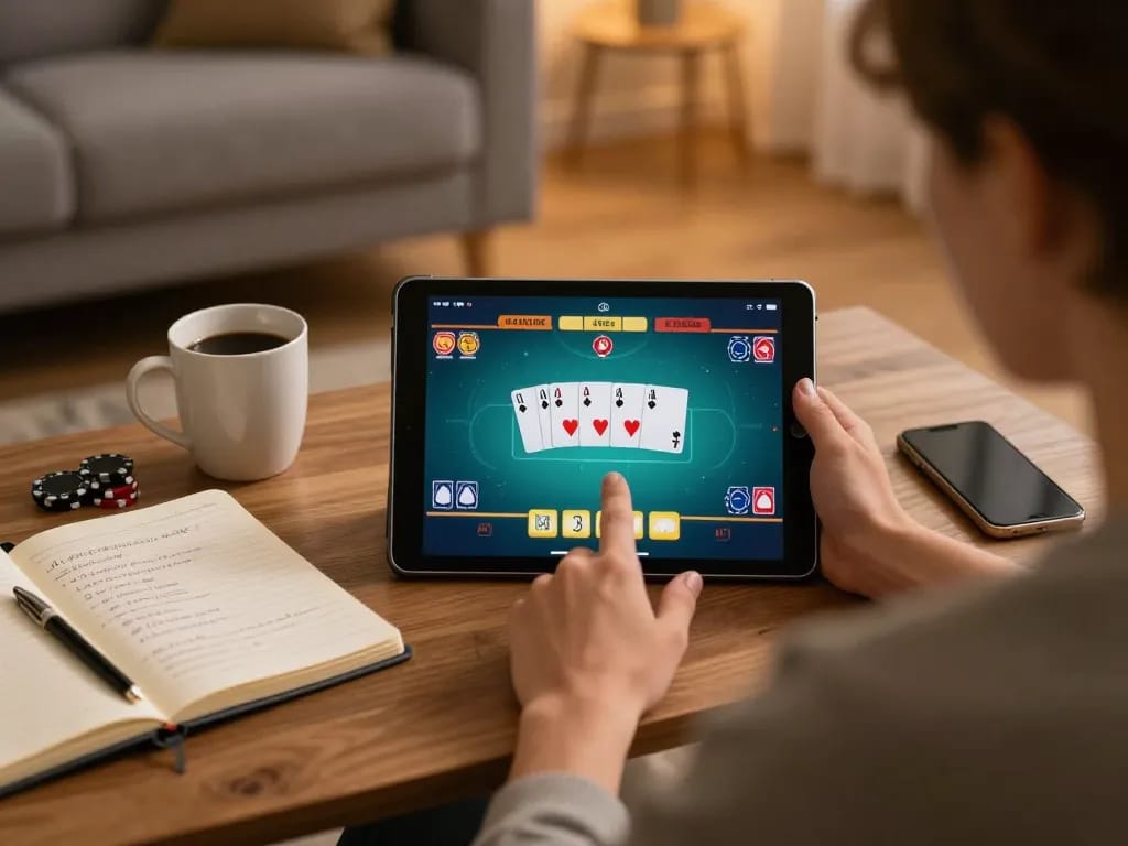 Engaging in kuwin đăng nhập strategy while playing online poker on a tablet in a cozy home setup.
