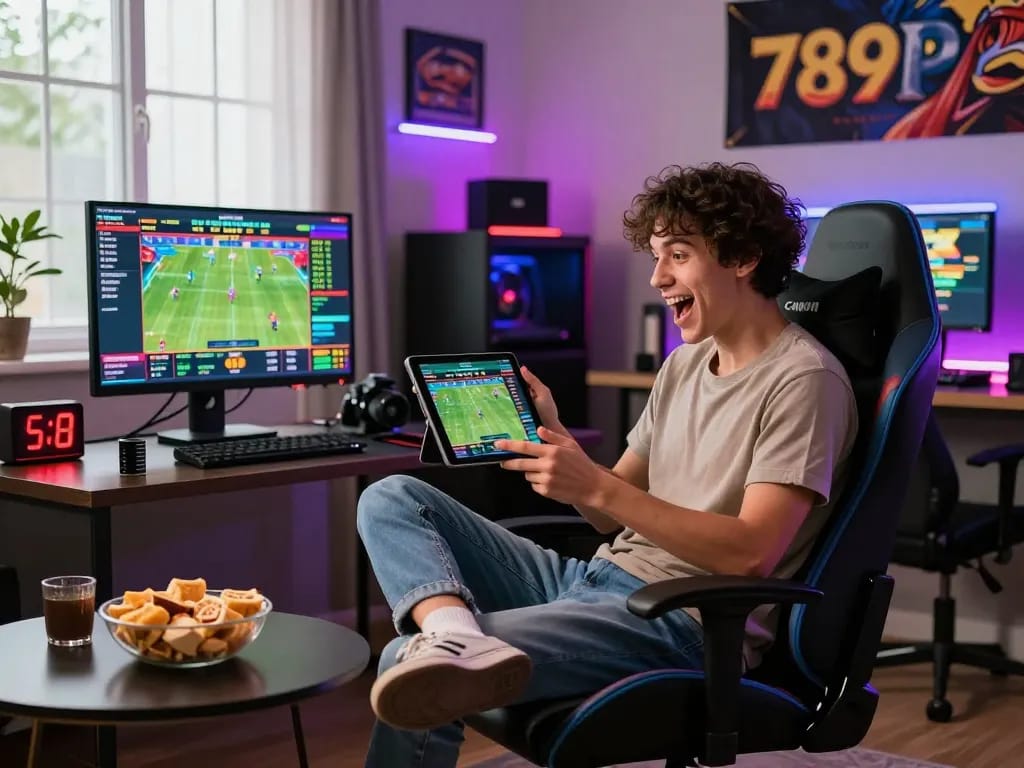 Engaging sports betting scene at home with a user enjoying 789P's online gaming platform, showcasing excitement and modern gaming elements.