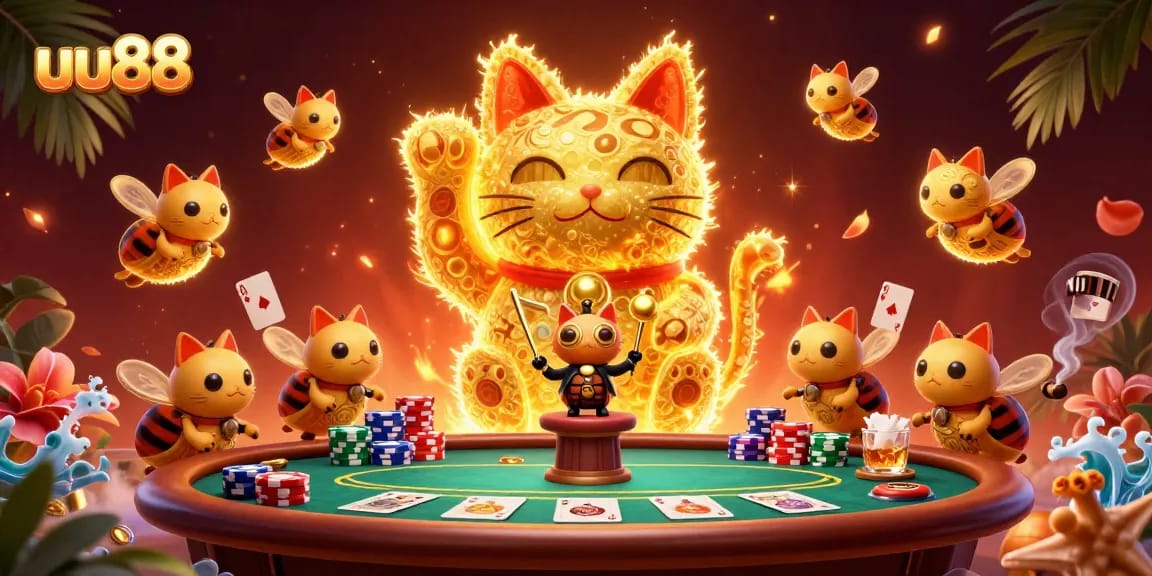 Experience the thrill of uu88 with a vibrant 3D casino scene featuring poker and lucky symbols.