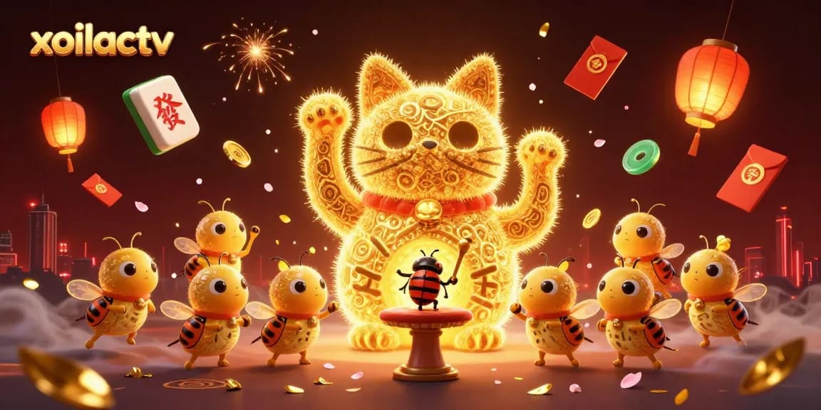 Experience rich game action with xoilactv's vibrant golden lucky cat and celebratory elements.