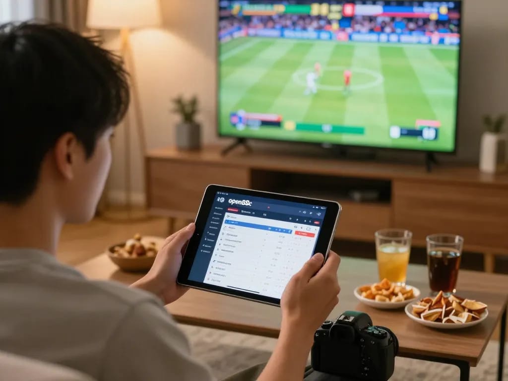 Engaging sports betting moment on open88c, as a bettor uses a tablet during a live game.
