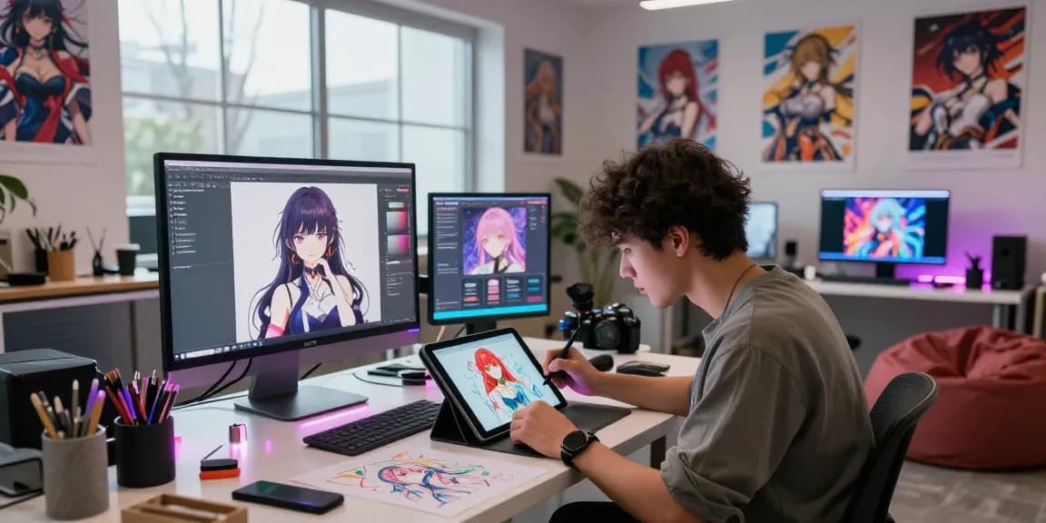 Immersive scene featuring an artist designing hentai characters for AI hentai chat.