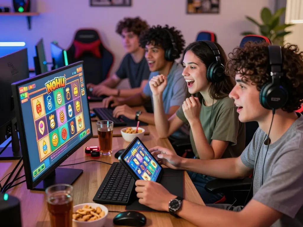 NoHu online slot game enthusiasts celebrating wins in a lively gaming scene with colorful graphics and snacks.
