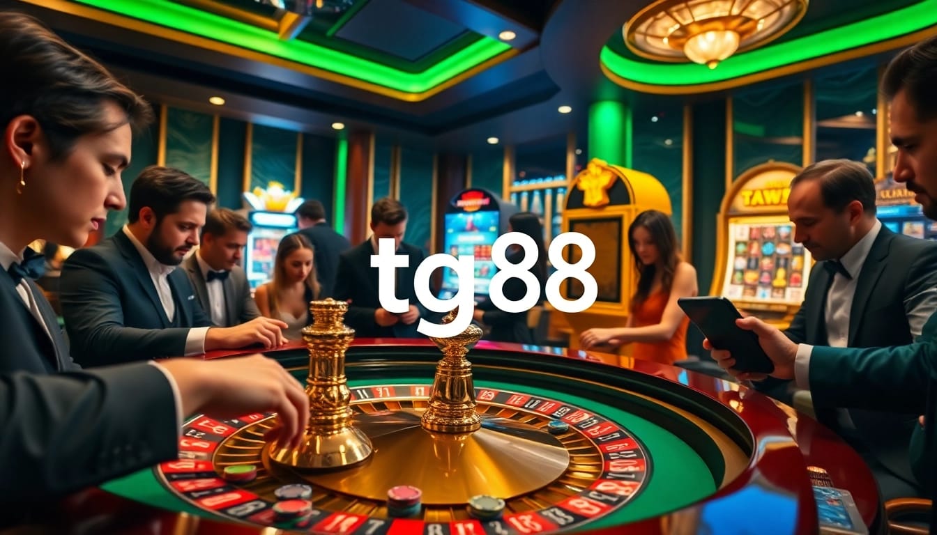 Players at a luxurious casino table interact with the tg88 online gaming interface, poised for action.