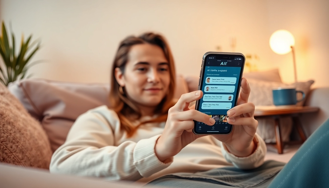 Engaging smartphone user in a cozy setting exploring sexting AI interactions.
