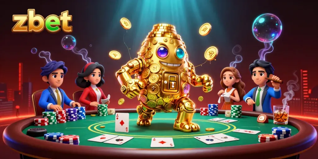 Experience thrilling gameplay with the zbet golden golem surrounded by colorful poker games and casino elements.