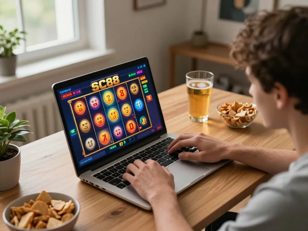 Player engaging with the SC88 online slot game interface, highlighting a cozy home gaming setting.