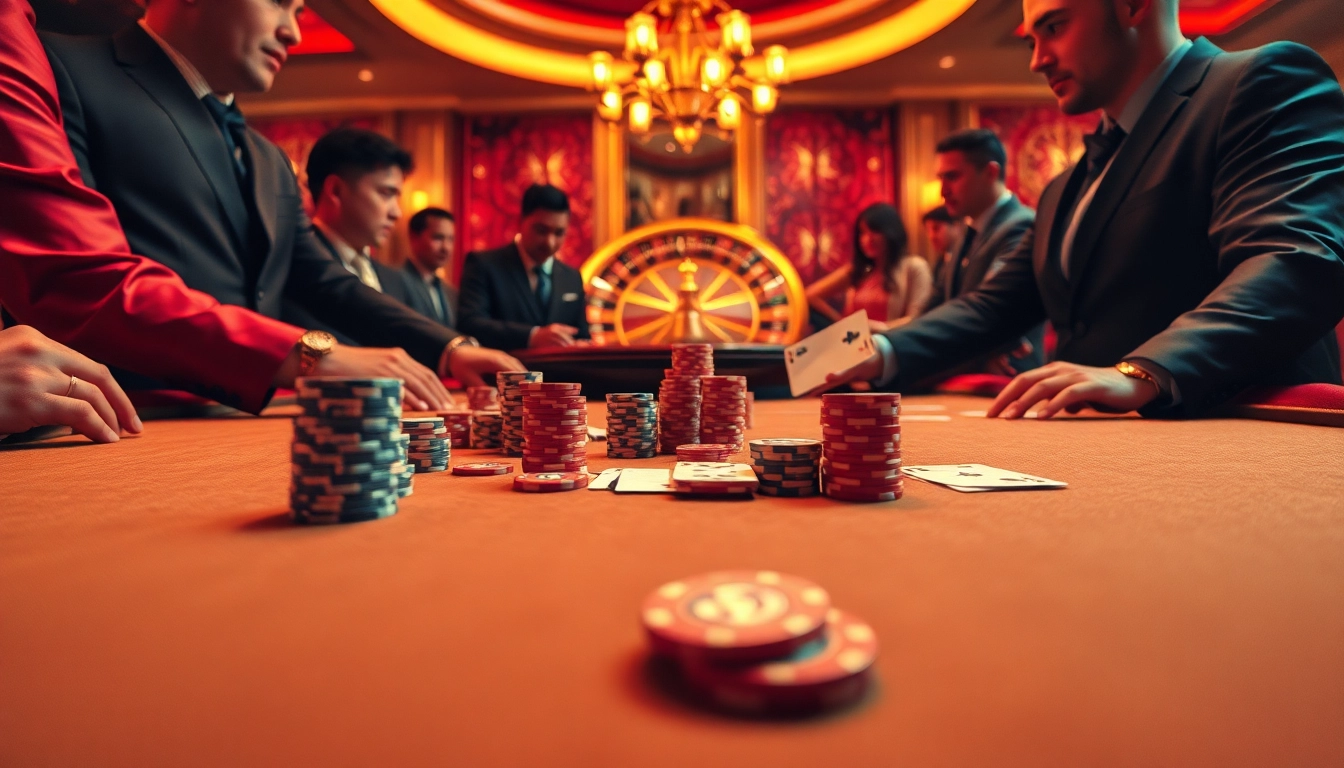 Action-packed poker game at Nhà cái F168 with vibrant chips and cards on an elegant table.