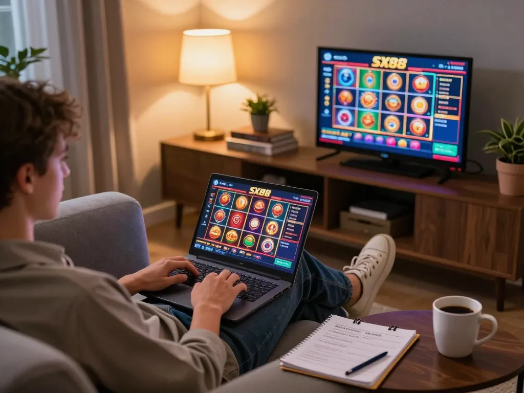 SX88 online gaming setup with colorful interface on laptop, cozy home atmosphere.