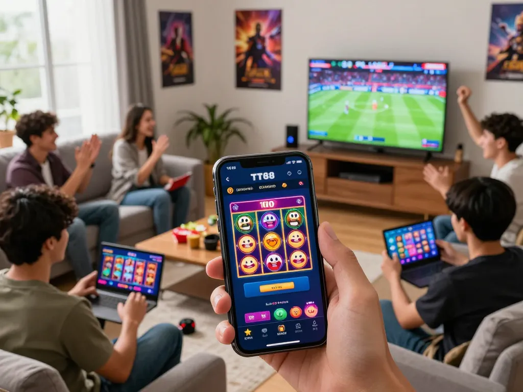 Engaged players enjoying TT88 online gaming in a lively living room.