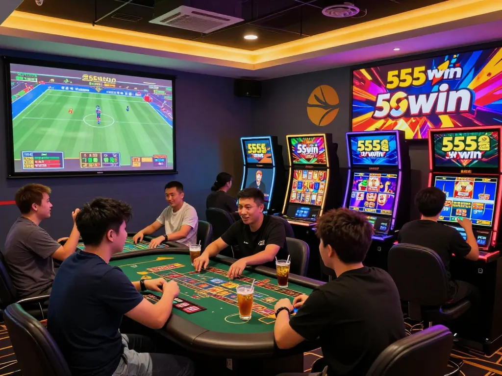 Players enjoying various games on 555win's dynamic online platform, showcasing sports betting and live casino excitement.