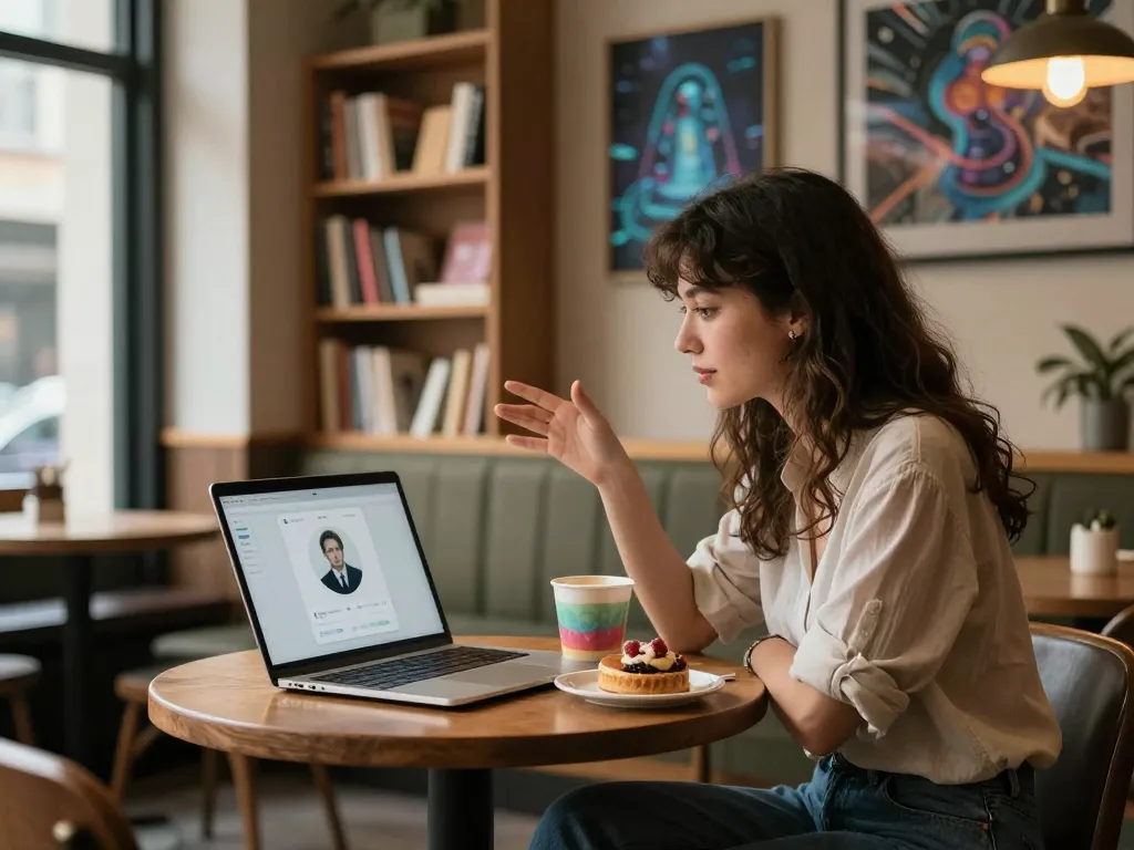 Engaging in sex AI chat at a cozy café with technology and ambient light.
