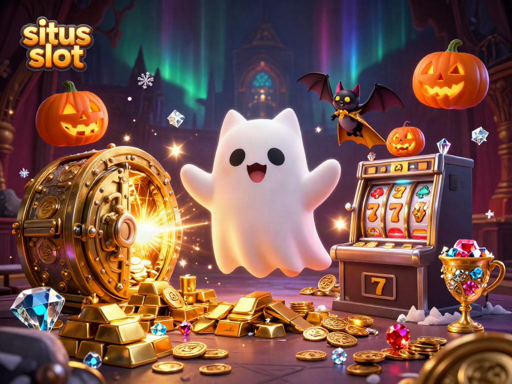 Experience situs slot magic with friendly ghost cat and vampire bat in a haunted casino adventure.