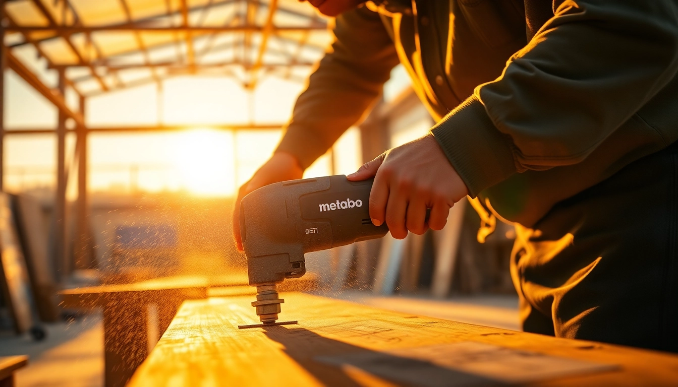 Un professionista all'opera con attrezzi metabo, illuminato dalla luce calda del tramonto.