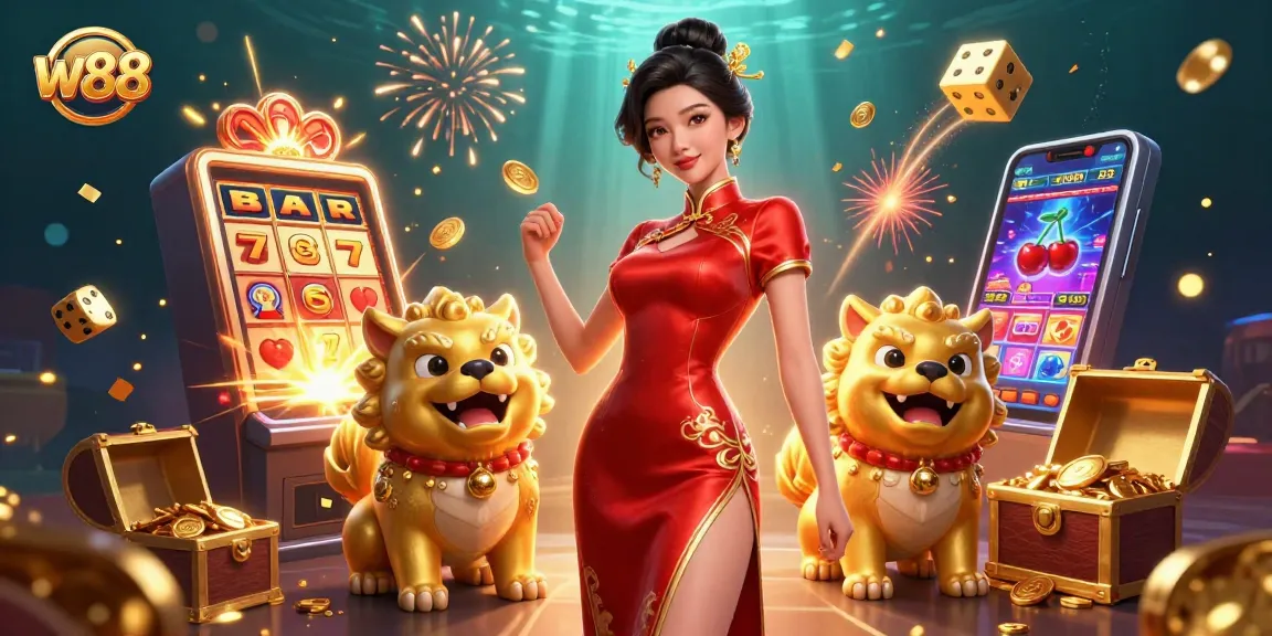 Experience w88's thrilling jackpot excitement with vibrant slot machines and stunning fireworks.