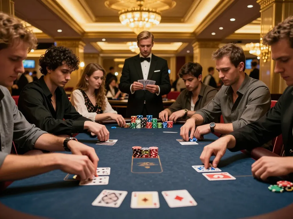 Players engage in an intense u888 poker game at a luxurious casino table, chips stacked high.