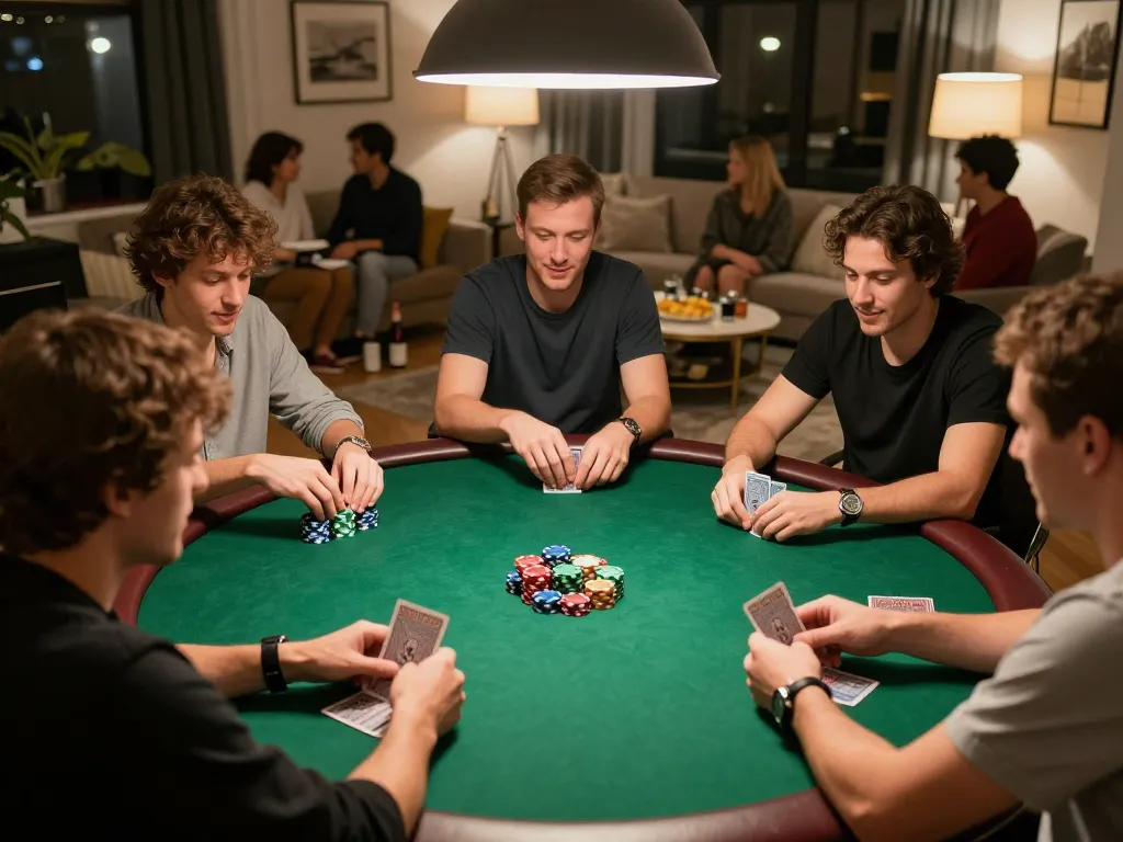 F168 poker game in action at a cozy home setting with engaging players and chips on the table.
