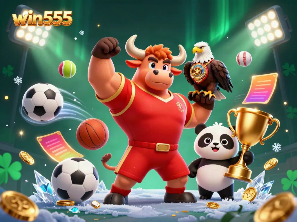 Celebrate your wins at win555 with a muscular bull mascot, an eagle, and a panda in a vibrant casino scene.