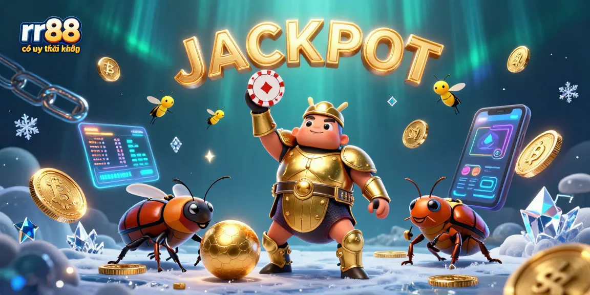 Join the excitement at rr88 có uy tín không, featuring a victorious gladiator beetle and a vibrant casino atmosphere.