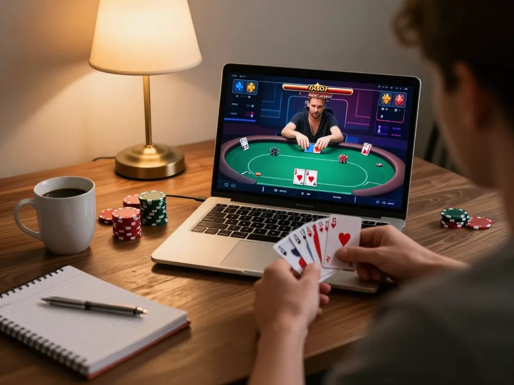 F8BET engaging in online poker strategy with vibrant screen and cozy atmosphere
