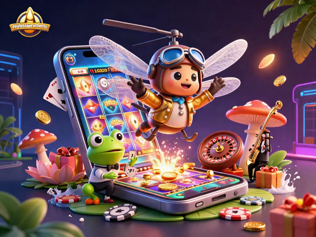 Engage with paylessapartments' vibrant casino scene featuring a dragonfly pilot, frog dealer, and jazz musicians