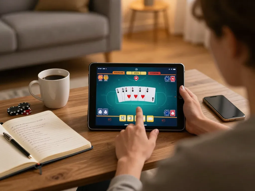 Engaging in kuwin đăng nhập strategy while playing online poker on a tablet in a cozy home setup.