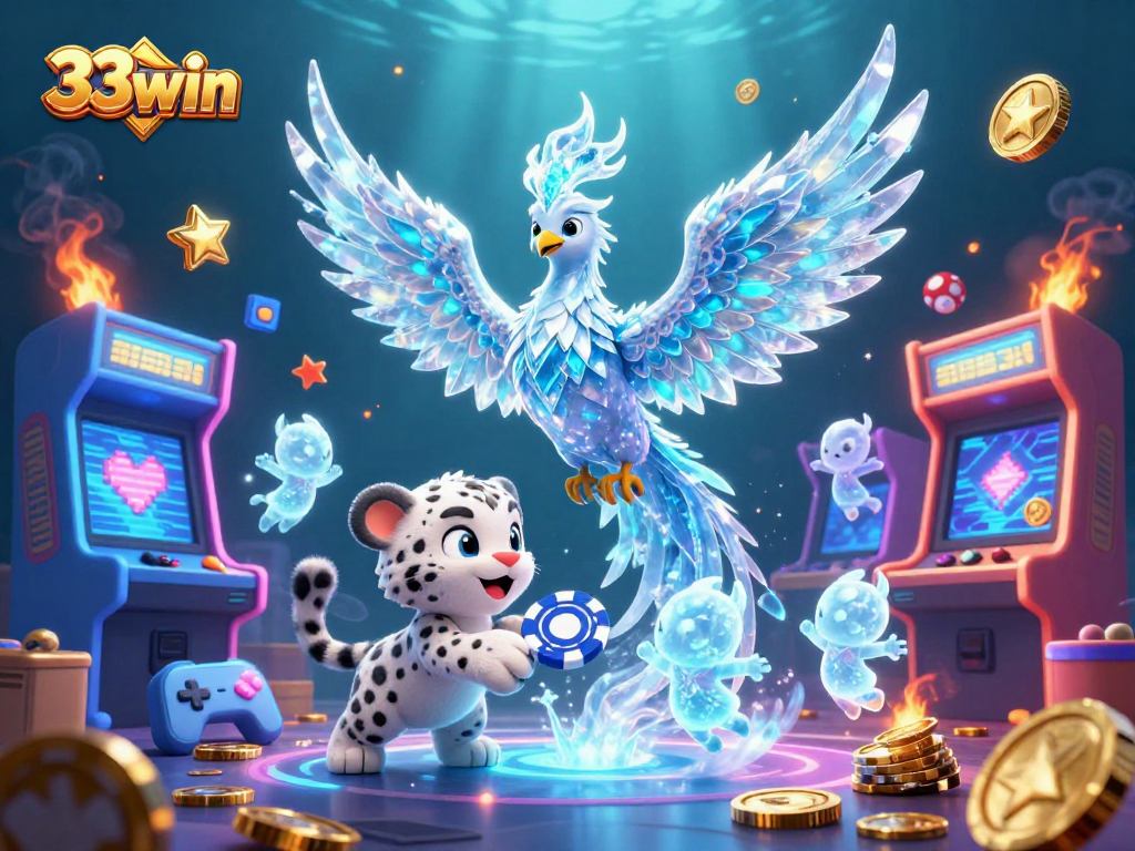 Engage with the 33win casino scene featuring an ice phoenix, snow leopard cub, and game elements.