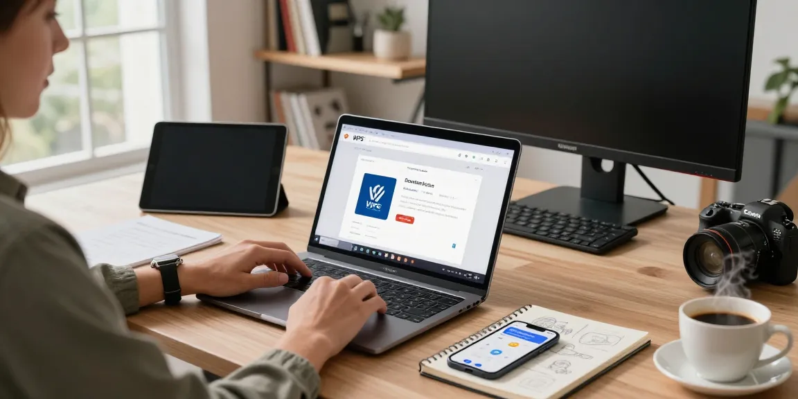 User interacting with WPS Download on laptop in a vibrant modern workspace setup
