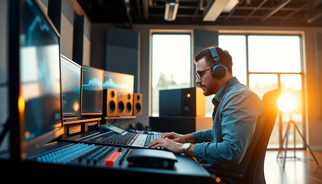 Engaging in online audio mastering, a skilled engineer works in a modern studio filled with high-tech audio equipment.