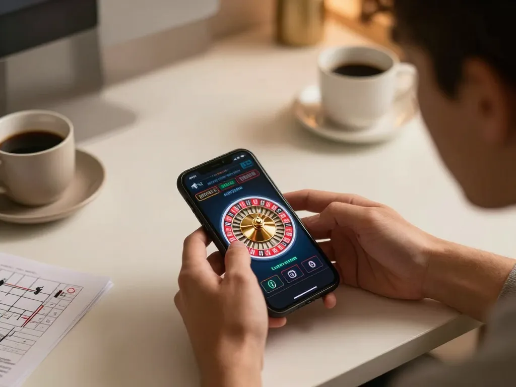 Engaging online gaming experience at hm88 com; person plays live roulette on smartphone.
