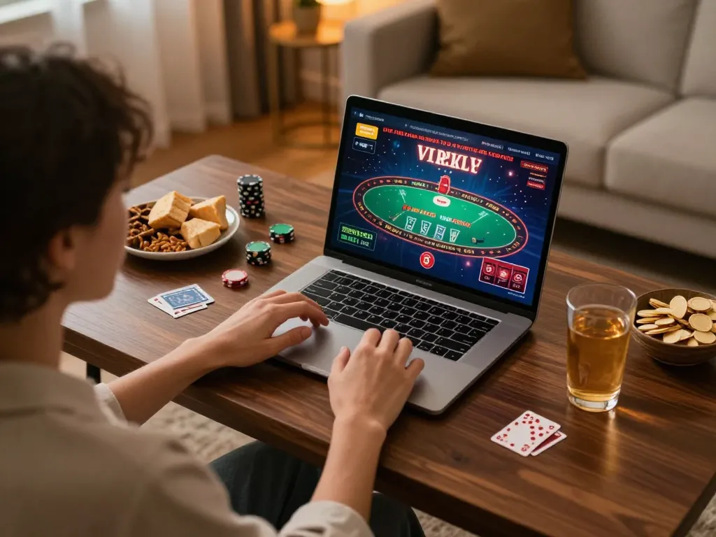 77WIN player engaging in a live dealer blackjack game from the comfort of home, showcasing responsible gambling.