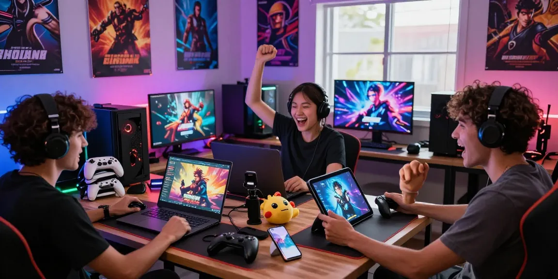 Players immersed in free hentai games with colorful decor and devices, showcasing a lively gaming atmosphere.