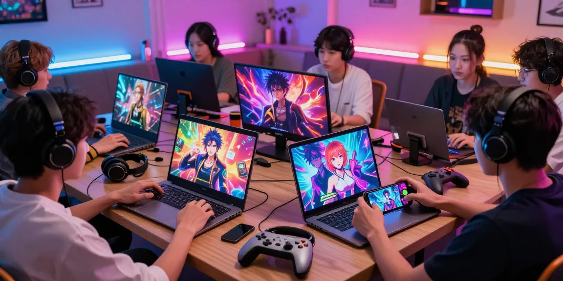 Players enjoying hentai games on various devices in a vibrant gaming setup