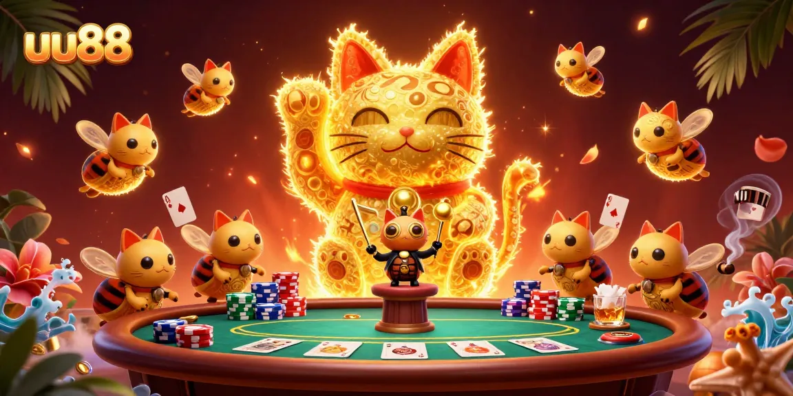 Experience the thrill of uu88 with a vibrant 3D casino scene featuring poker and lucky symbols.
