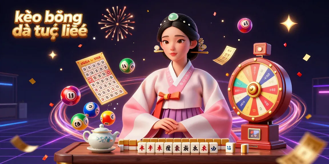 Engage in kèo bóng đá trực tuyến with vibrant lottery elements and a serene woman in traditional attire.