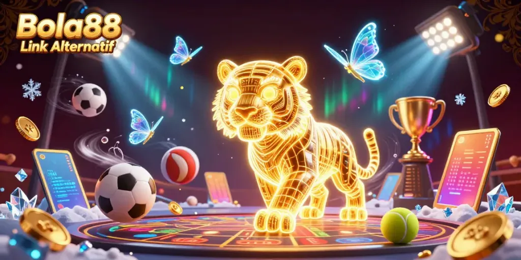 Experience the excitement of Bola88 Link Alternatif in a vibrant digital casino with a majestic golden tiger.