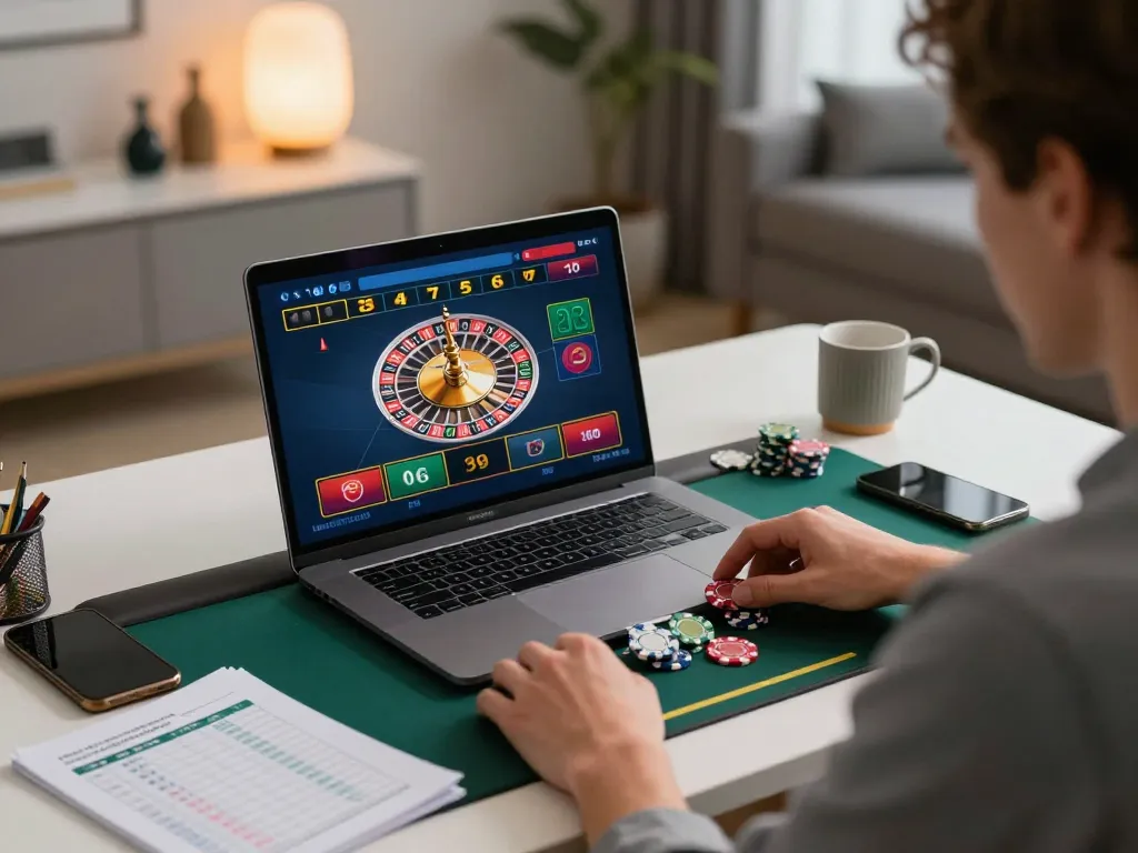 A player engages in an exciting online roulette game on MB66, showcasing strategic betting in a stylish home office.