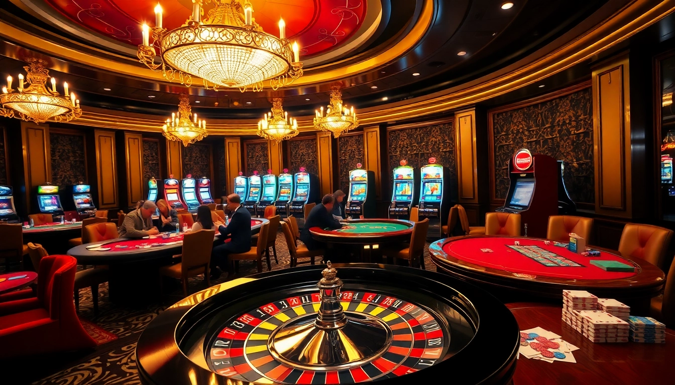 Exciting gambling scene showcasing luckywin on elegant casino tables with vibrant slot machines.
