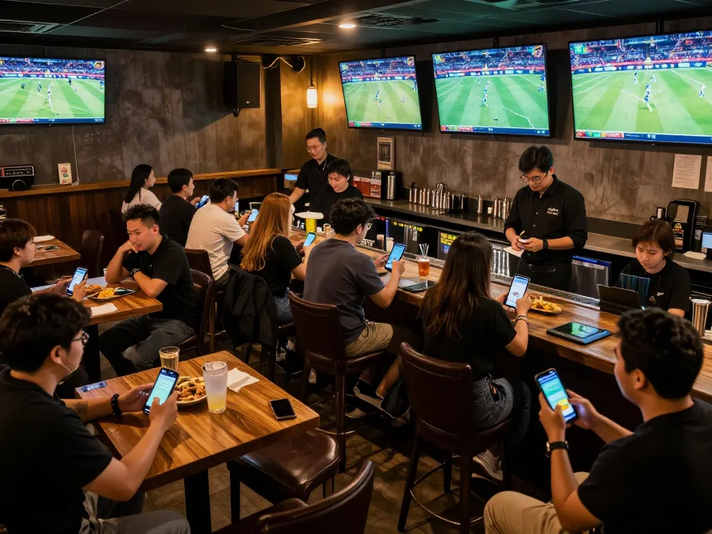 Engaged fans analyzing tỷ lệ kèo trực tuyến while enjoying a sports event at a lively bar, capturing social betting excitement.