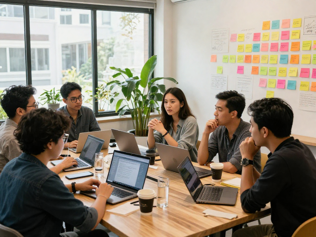 Collaborative entrepreneurs in co-working space embodying hustle mentality for rokok88.