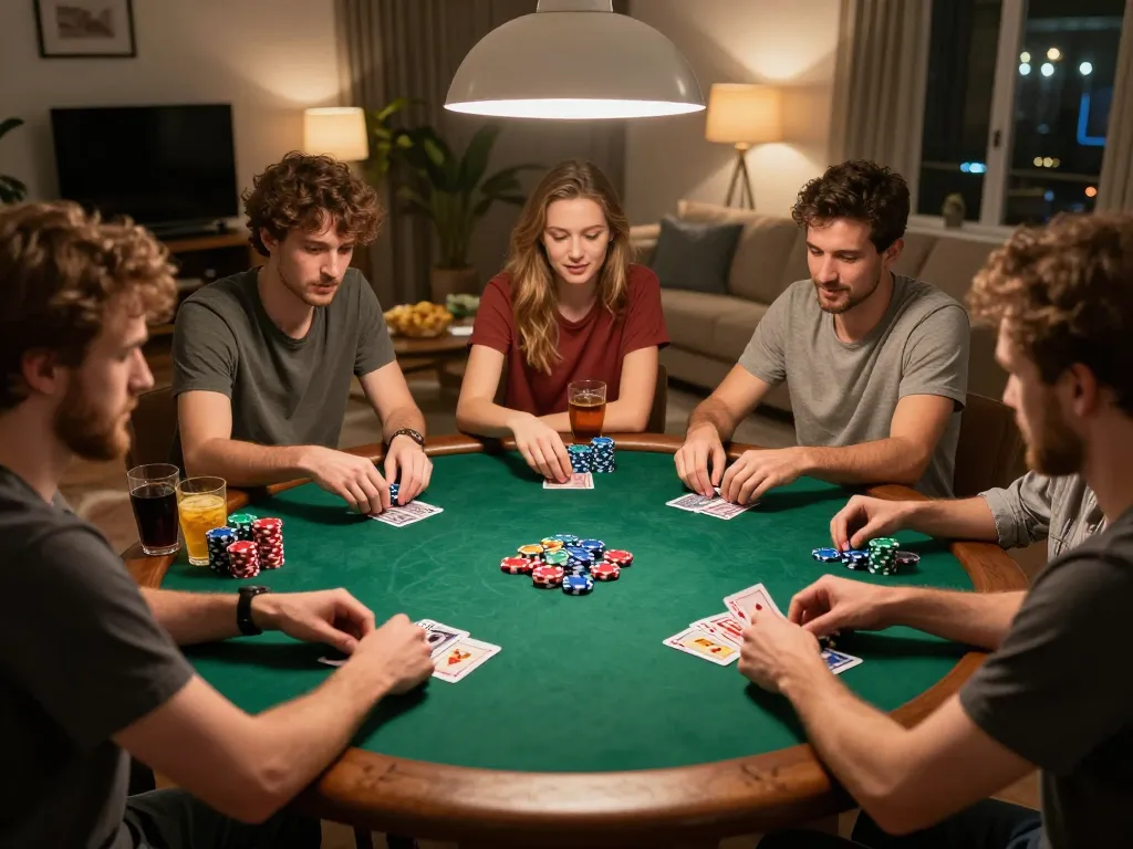 Players enjoying a lively poker night at home, showcasing cm88z-themed strategic gameplay and social interaction.