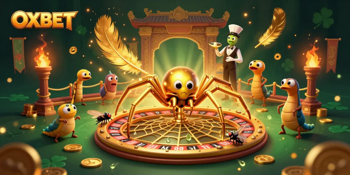 Experience thrilling betting at OXBET with a golden roulette web and animated characters.