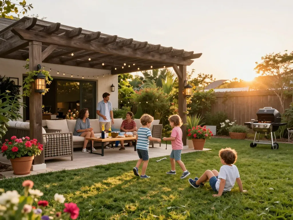 Configuratore pergole con preventivo - incontro familiare sotto una pergola progettata con cura, con fiori vivaci e posti a sedere accoglienti.
